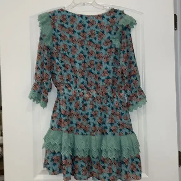 The Shirt By Rochelle Behrens Floral Blue Eyelet Mini Dress Size Large - Picture 5 of 5